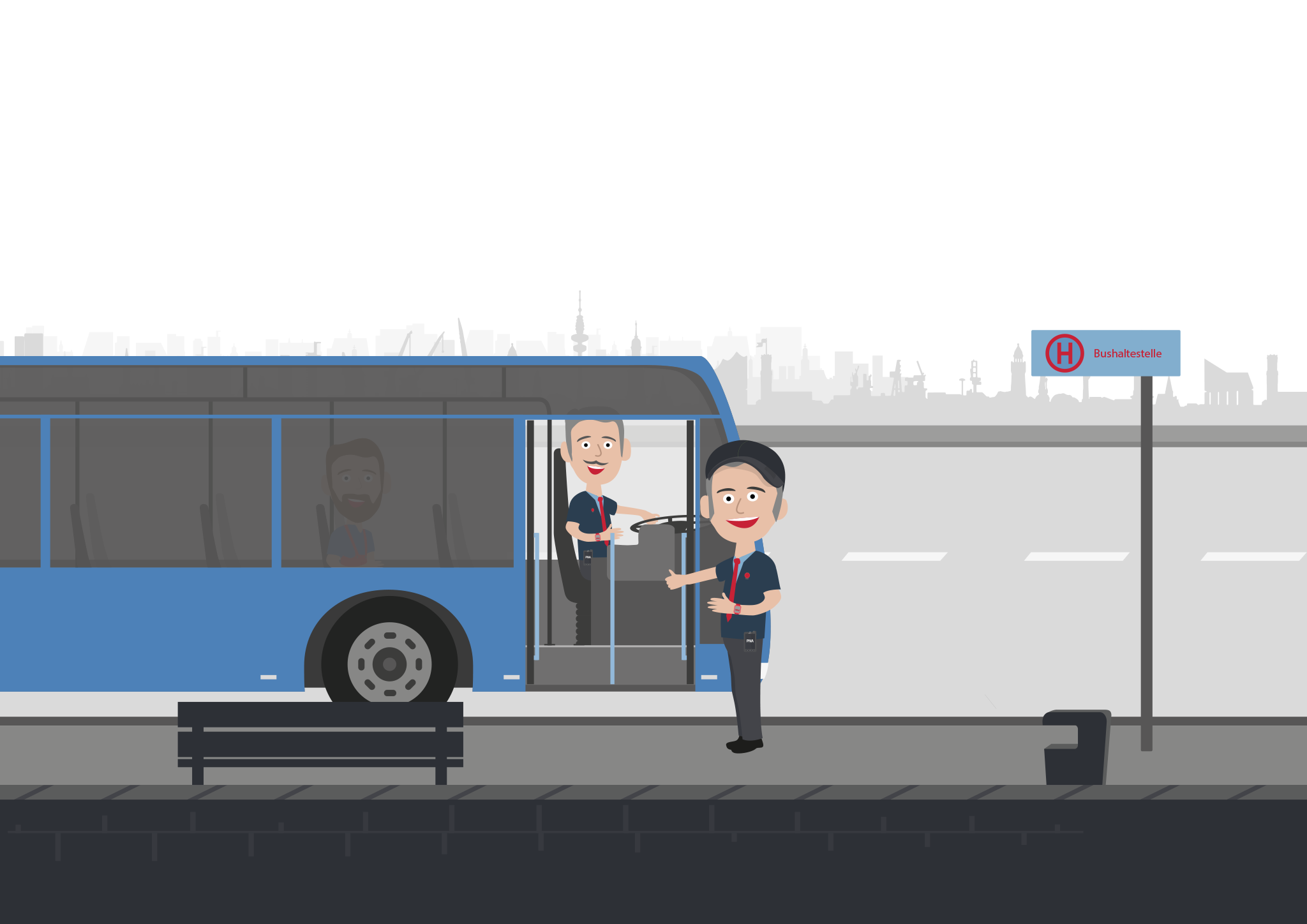 Busfahrer und Kontrolleur an der Bushaltestelle • PNA Anwendungsbeispiel • Personen-Notsignal-Anlagen Einsatz • PNA Einsatzgebiet • PNA für den ÖPNV