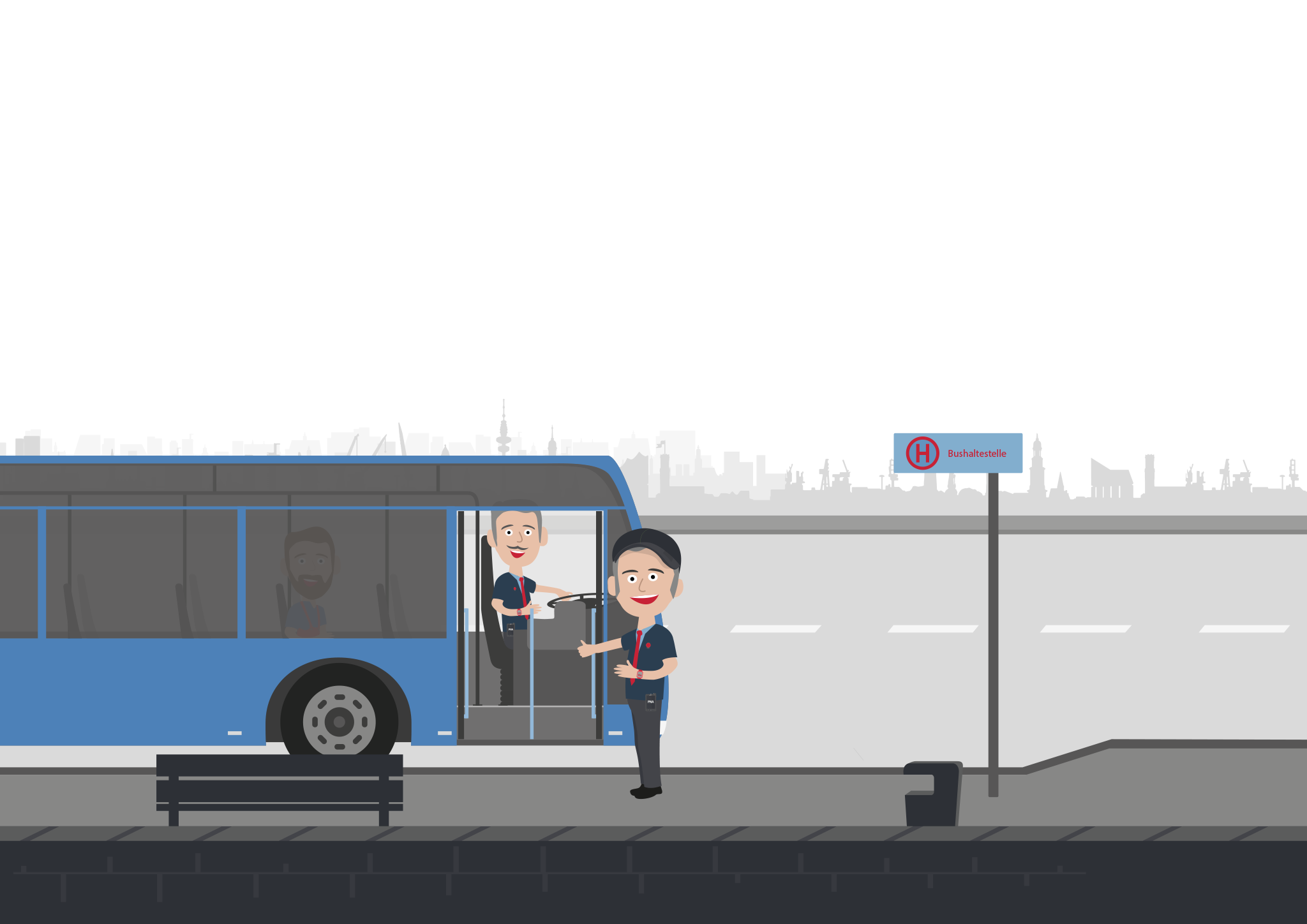 Busfahrer und Kontrolleur an der Bushaltestelle • PNA Anwendungsbeispiel • Personen-Notsignal-Anlagen Einsatz • PNA Einsatzgebiet • PNA für den ÖPNV